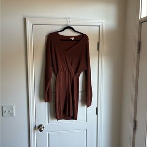 Elegant Brown Faux Wrap Sweater Dress